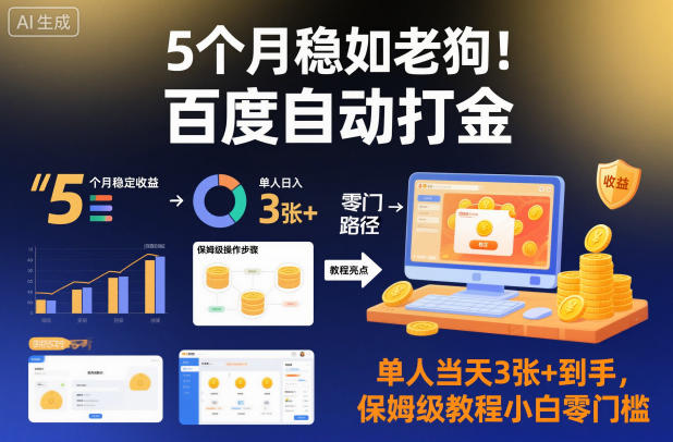 5个月稳如老狗！百度自动打金，单人当天3张+到手，保姆级教程小白零门槛【揭秘】